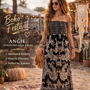 Angie Strapless Maxi Dress M Boho Paisley Smocked Beach Vacation Flowy Summer